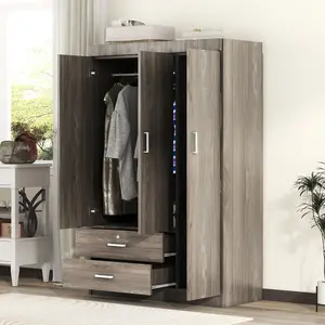 Wardrobe with 3-Door and 2 Drawers, Wood Grain Effect in Gray