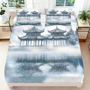 2/3 Pcs 2D Flat Chinese Style Landscape Fitted Sheet Set Chinese Pavilion Bedding Set Quilt Cover 1 Fitted Sheet + 1/2 Pillowcases Chinese Landscape Top Sheet Decorative Bedding Bedroom Decor