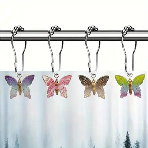 12pcs Rustproof Vibrant Acrylic Butterfly Shower Curtain Hooks - Colorful Decorative, Easy-to-Use, Durable Bathroom Accessories