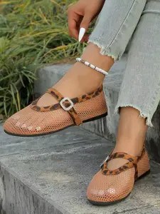 Leopard Print Ballet Flats, Breathable Mesh Low Heel Shoes, Summer Retro Style, Versatile Daily Commute Women's Footwear