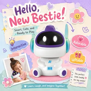 Electronic Robot Toy with LED Screen Face Display, White and Purple Plastic Body with Voice Speaker Microphone, AI Robot Toy, Desktop STEM Learning Figure for Boys Girls