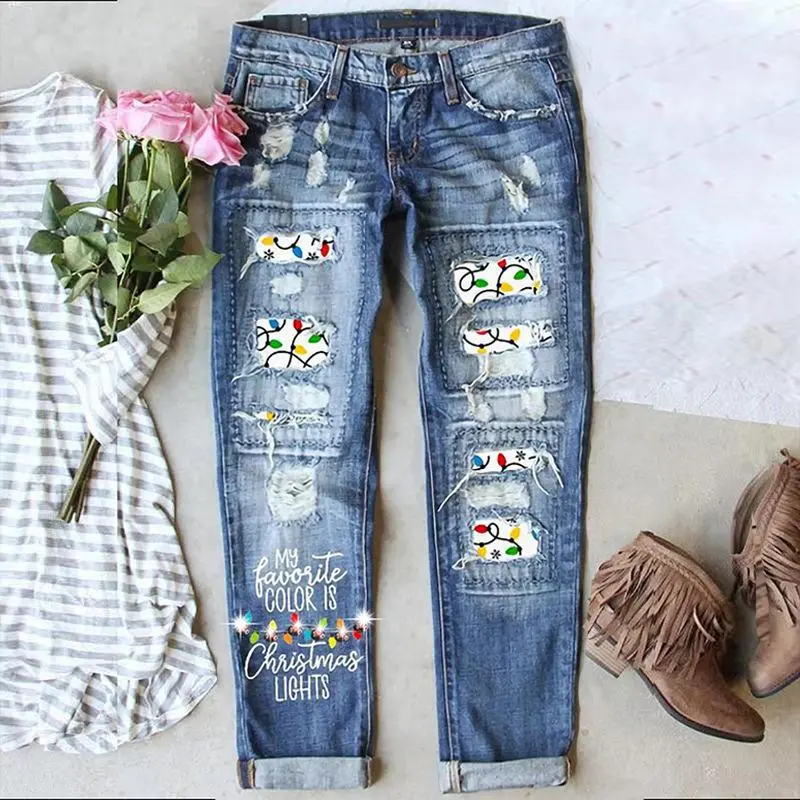Women's Christmas Holiday Ripped Printed DIY Handmade Drill Waist Mid-Straight Leg Comfortable Fit Denim Bottoms, Lady's Long Jeans Clothes Pants Blue Womenswear
