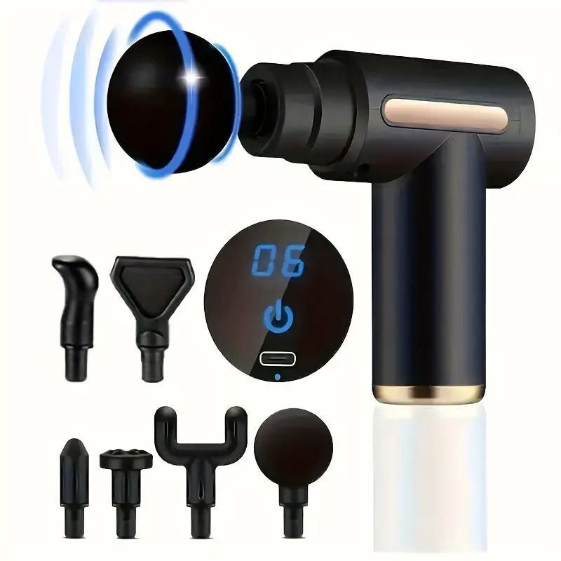 USB Rechargeable Tissue Massager - Comes with 6 Massage Heads, 6 Speed Adjustment Settings, Compact and Portable, Equipped With a High-Definition LCD Display and Low-Noise Design, Suitable for Full-Body Massage after Exercise
