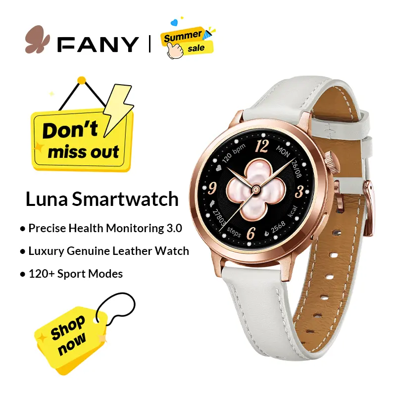 FANY Luna Women's Leather Health Smartwatch - AMOLED Display, 110+ Sport Modes, Step Tracker Watch, Sports Tracking, Heart Rate/Sleep/SpO2 Monitor, 7-Day Battery, Waterproof, Ultra-Sleek Lightweight Wearable, Free App Round Wristwatch for Outdoor Use, Wat