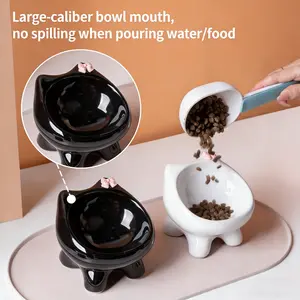 Ceramic Cat Bowl No Chin, Slanted High-Feet Pet Dry Food Bowl, Anti-Tip Neck Protection, Dog & Cat Feeding Dish
