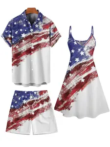 DRESSLILY 2026 Couple Outfit Women's American Flag Striped Star Pattern Spaghetti Strap A Line Tank Dress and Men's Roll Up Sleeve Shirt Drawstrings Shorts Matching Outfit