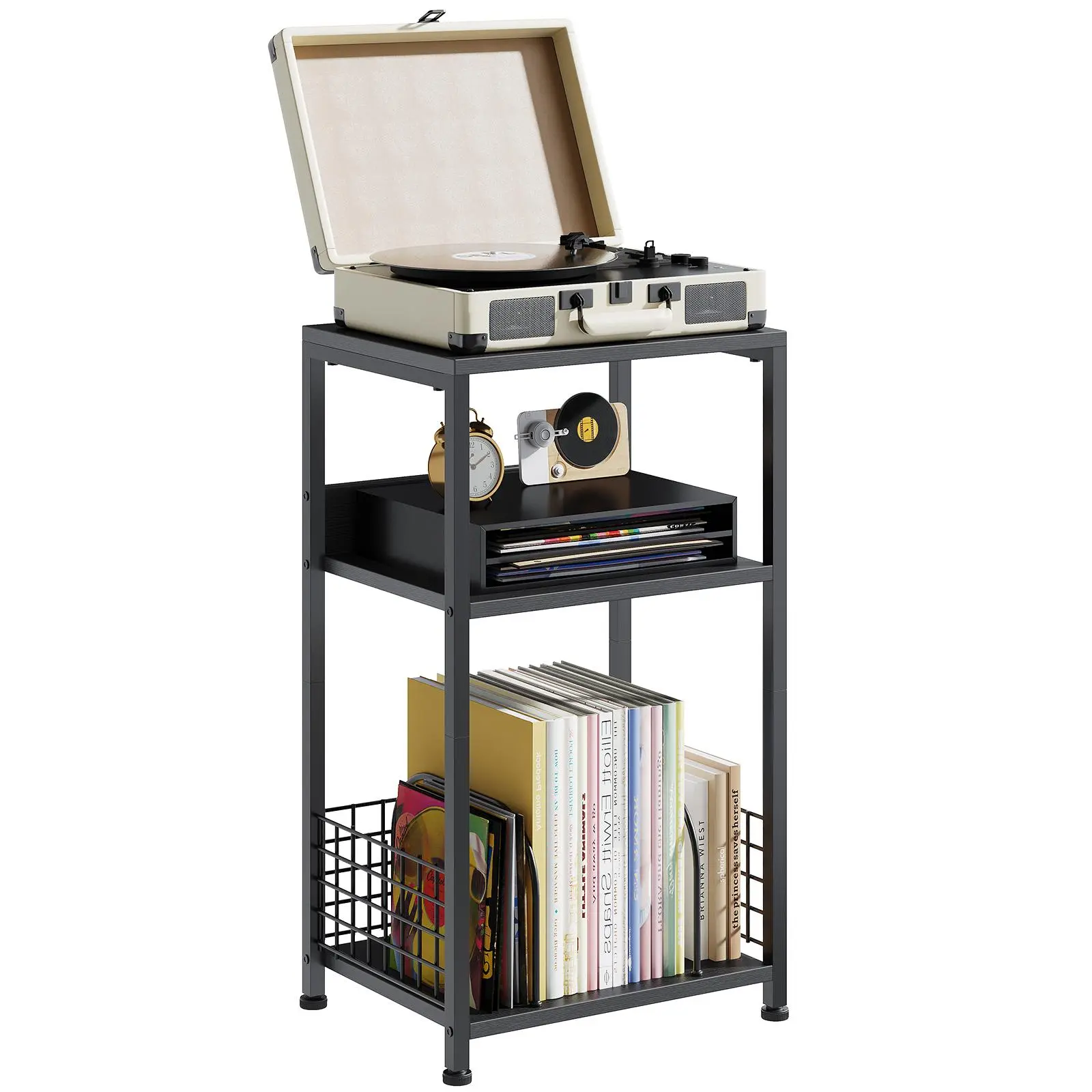 3-Layer Vintage Vinyl Record Storage Rack, Compact Lightweight Metal Organizer with 100-Album Capacity Shelf & Magazine/Newspaper Holders, Secure Hold, Easy Installation for Living Room Sofa Side