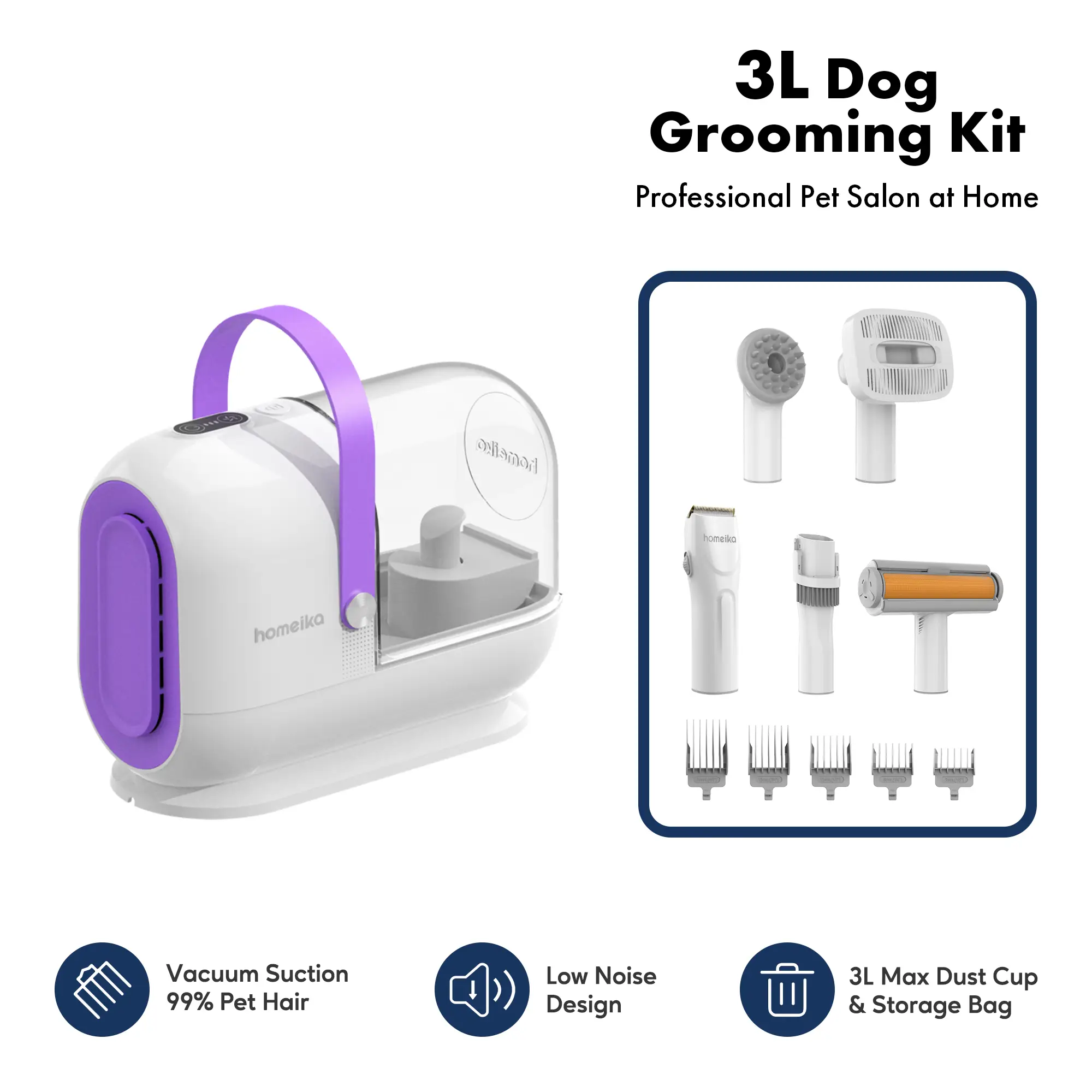 Homeika Dog Grooming Kit, 3L Dog Hair Vacuum with 99% Pet Hair Suction Power, Silent Pet Vacuum Groomer, Dog and Cat Hair Removal Brush