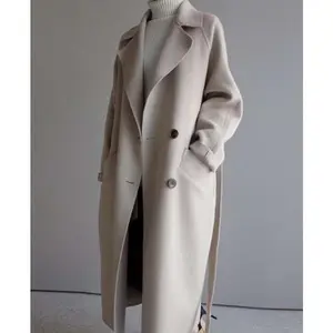 Women's Woolen Coat Autumn Winter Long Loose Over-the-Knee Waist-Tied Woolen Overcoat Womenswear Jackets