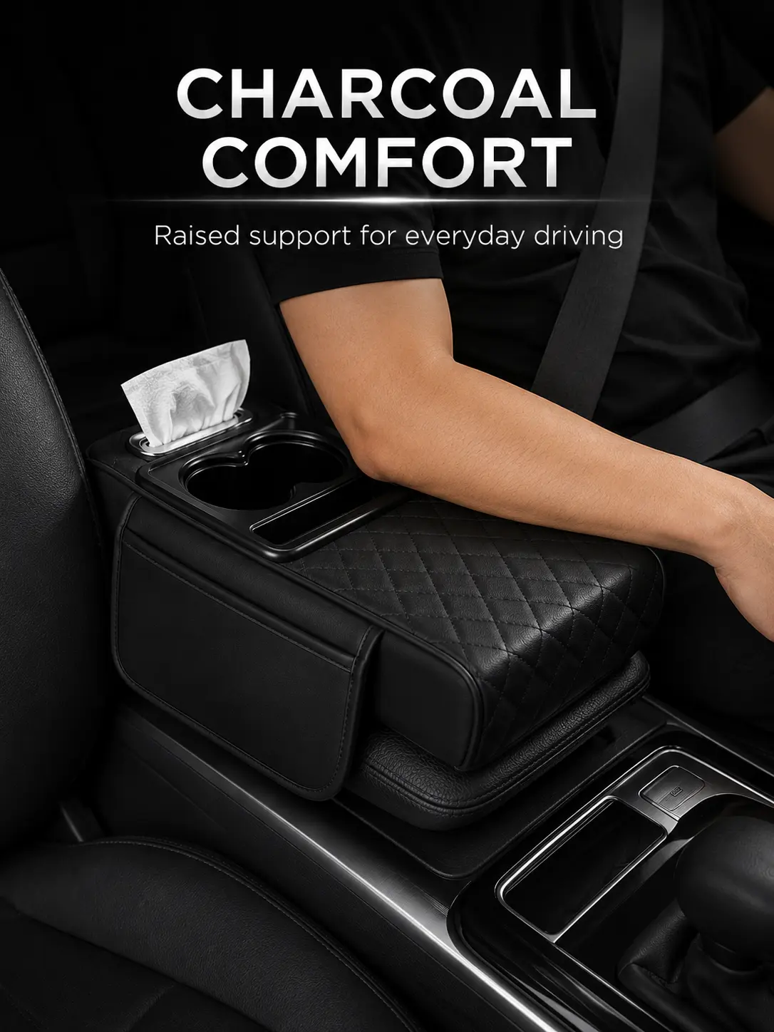 Car armrest storage bag, multi-functional 4-in-1 mat, suitable for car armrests, car storage bags, car center console organizers, and includes cup holders and phone holders, ideal for long-distance driving trips.