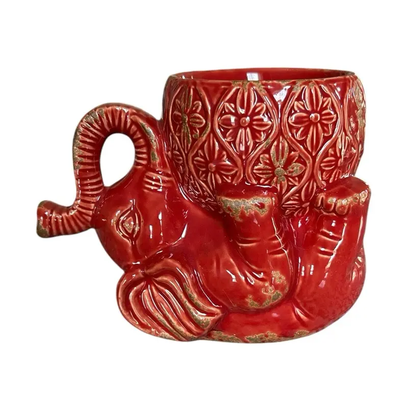 Whimsical Red Upside Down Ceramic Elephant Dip Serving Bowl