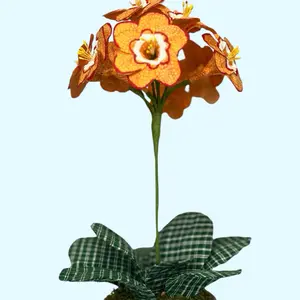 Orange Auricula Artificial Flower with Green Plaid Base Handcrafted Hand Painted Potted Decor