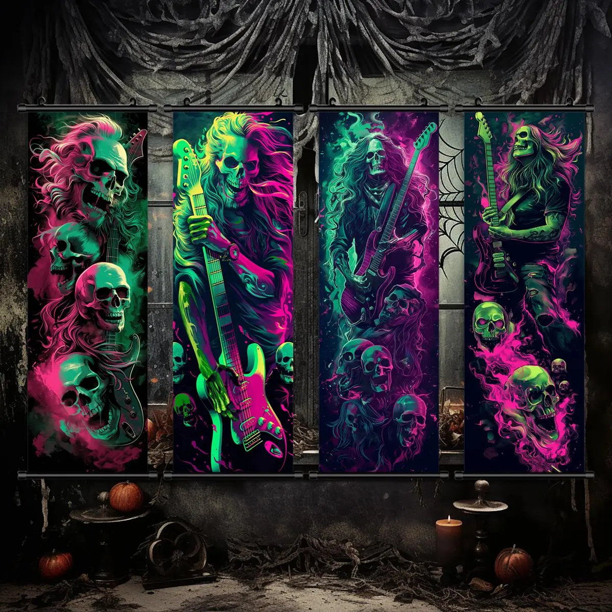 Halloween Themed Hanging Banner, 4 Counts/set Creative Skeleton Guitarist Pattern Wall Art, Halloween Decorations, Wall Decor for Home Living Room Bedroom