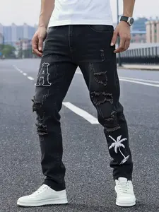 Men's Slim Fit Ripped Black Jeans, Casual Hip-Hop Style Denim Streetwear for Comfortable Everyday Wear