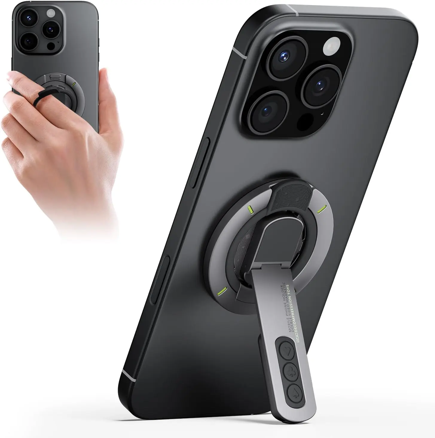 2026 New Dual-Sided Magnetic Phone Ring Holder Stand for Apple iPhone MagSafe, 360° Rotatable Ring & Ultra-Strong Dual Magnets, Foldable Desktop Portable Fidget Grip Support Back Mount