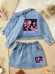 Girls' Cartoon Pattern Loose-Fitting Suit Set, Casual Daily Wear, Comfortable Design, Perfect Gift for Valentine & Back-To-School Season