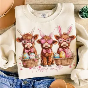 [Sale up to 70%] Easter Day Highland Cow Sweatshits/tshirts ,Cute Cow Easter shirt Retro Easter sweatshirt, Happy Easter Womenswear Tops Casual Comfort Crewneck Gift for Her, For Woman Top Womenswear