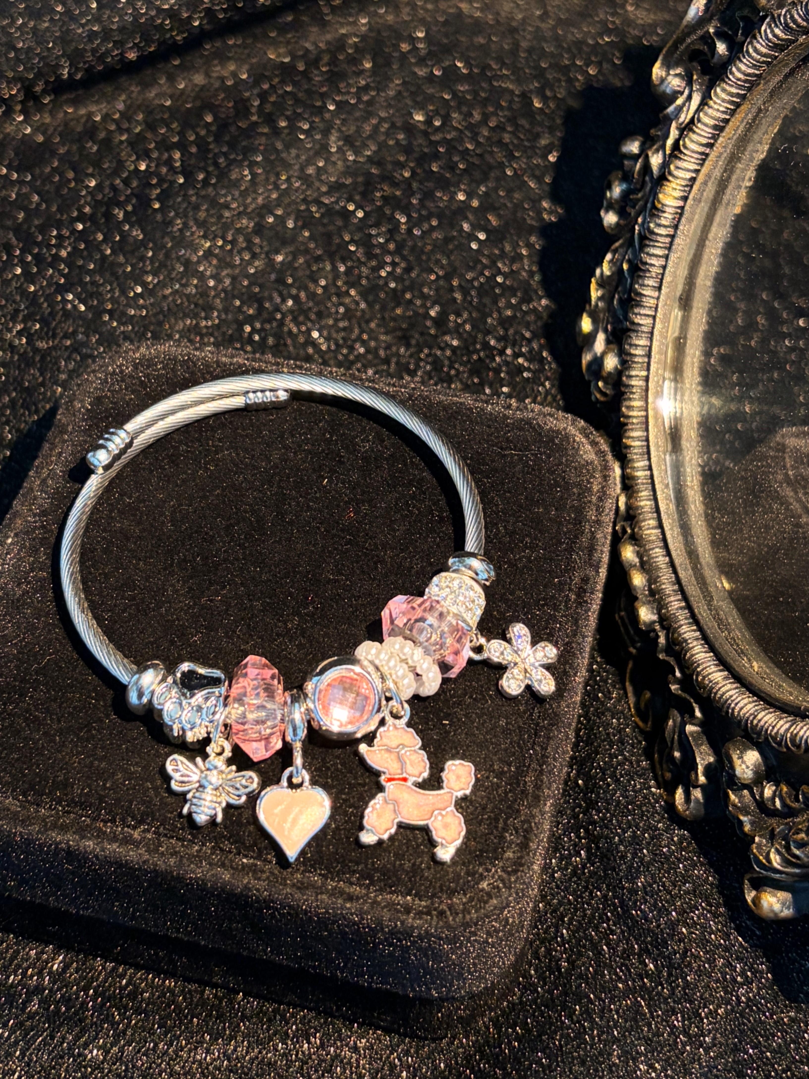 Women's Silver-Tone Open Cuff Bangle Bracelet with Cute Pink Poodle Charm, Heart Flower Crystal Beads, Stackable Sparkly Costume Jewelry Gift Women's Silver-Tone Open Cuff Bangle Bracelet with Cute Pink Poodle Charm, Heart Flower Crystal Beads, Stackable Sparkly Costume Jewelry Gift