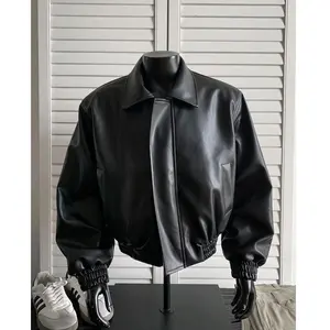 Static Cuff  Loose short leather jacket Shoulder pad coat American retro leather jacket for men