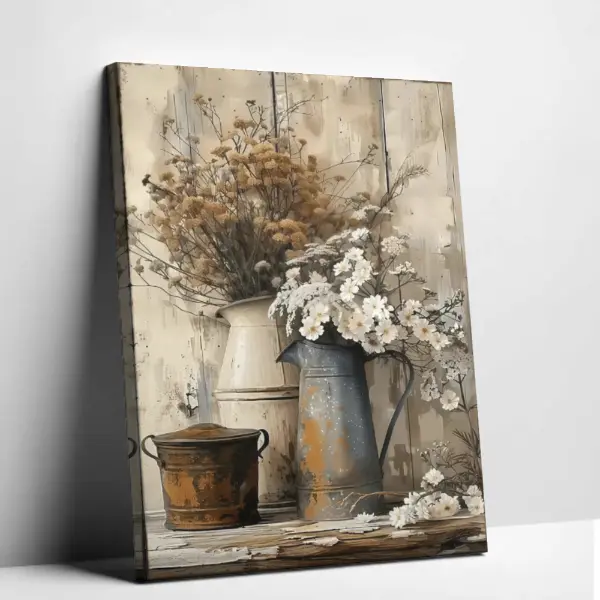 Vintage Rustic Botanical Wall Decor Framed Wildflowers in Pitcher Picture Artwork Display for Living Room Bedroom Farmhouse Housewarming Gift