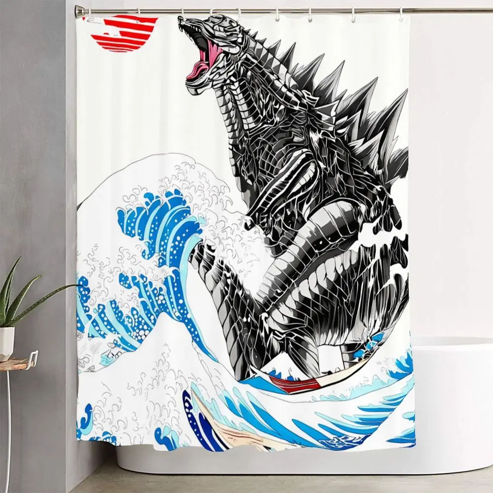 1/4pcs Ukiyo-e Inspired Godzilla Bathroom Set, Shower Curtain Sets - Shower Curtain with Mechanical Godzilla Emerging from Waves, Matching Bath Mat, Toilet Seat Rug & Lid Cover, Celebrate Style with Japanese Artistry, Room Decor, Aesthetic Bathroom Decor