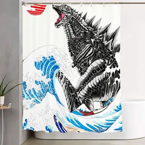 1/4pcs Ukiyo-e Inspired Godzilla Bathroom Set, Shower Curtain Sets - Shower Curtain with Mechanical Godzilla Emerging from Waves, Matching Bath Mat, Toilet Seat Rug & Lid Cover, Celebrate Style with Japanese Artistry