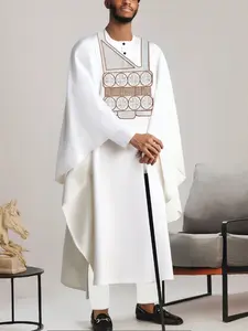 White Agbada 3 Pieces Men's Set, Long Embroidered Robe And Dashiki Shirt & Elastic Waist Pants, Traditional African Attire For Ceremonies, Wedding, Cultural Celebrations, Festivals, Elegant African Fashion For Men, Royal & Elegant Style