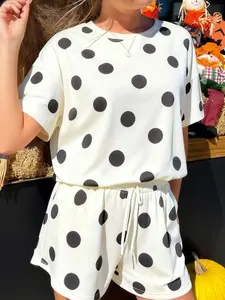 Summer Casual Polka Dot Print Loose Fit T-Shirt Drawstring Elastic Waist Shorts Set, Women's Fashion, Comfortable and Stylish