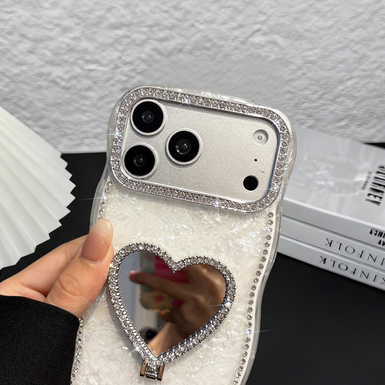 Glitter Mirror Case for iPhone 17/16 15 14 13 Pro Max,Cute Luxury Shiny Diamond Heart Makeup Mirror Bling Sparkly Rhinestones Thin Soft Case for Women Girls