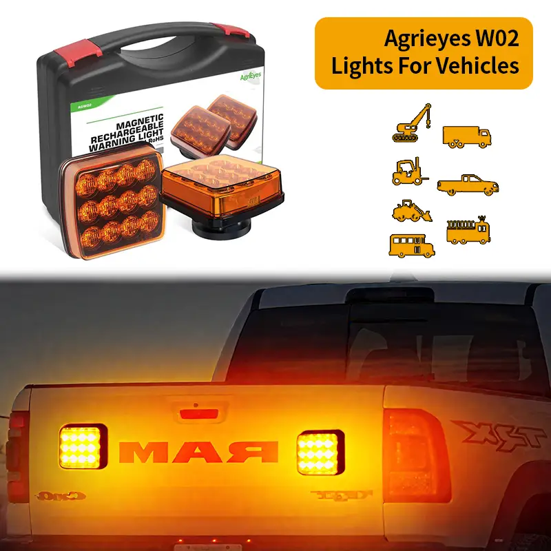 Agrieyes W02 2pcs Rechargeable Flashing Lights for Vehicles with IP67 Waterproof Rating, High Brightness, and Easy Installation