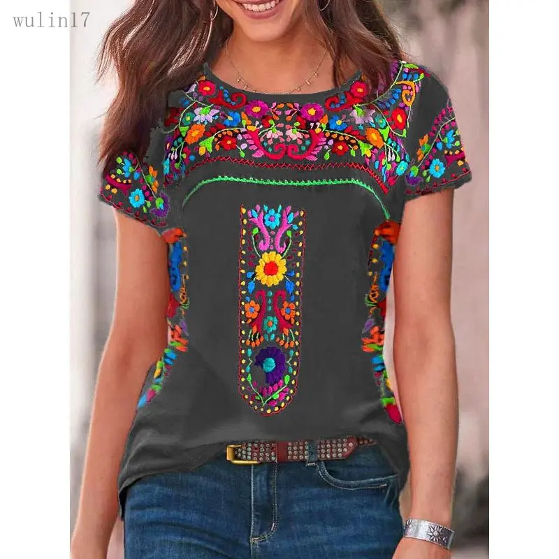 Women's 2026 Ethnic Embroidered Peasant Blouse - Fitted Round Neck, Short-Sleeve, Plus-Size Casual Summer Lady Shirt, Shirts
