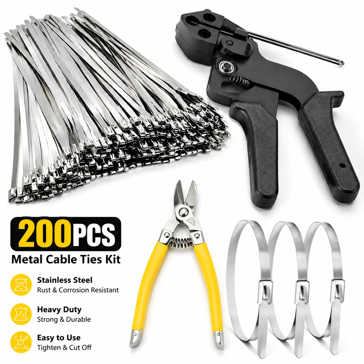 200PCS Metal Zip Ties with Tightening & Cutting Gun Tool – Industrial Grade Stainless Steel Cable Ties for Fence Repair, Chicken Coop & Outdoor Fixing