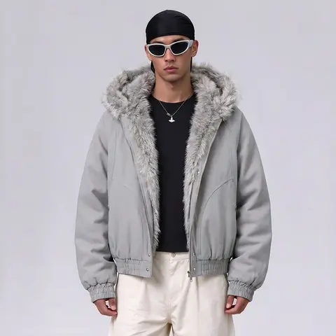 Men’s fashion hooded jacket with a fleece collar, cropped fit, zip closure, unisex design, suitable for street style everyday wear and winter outdoor skateboarding.