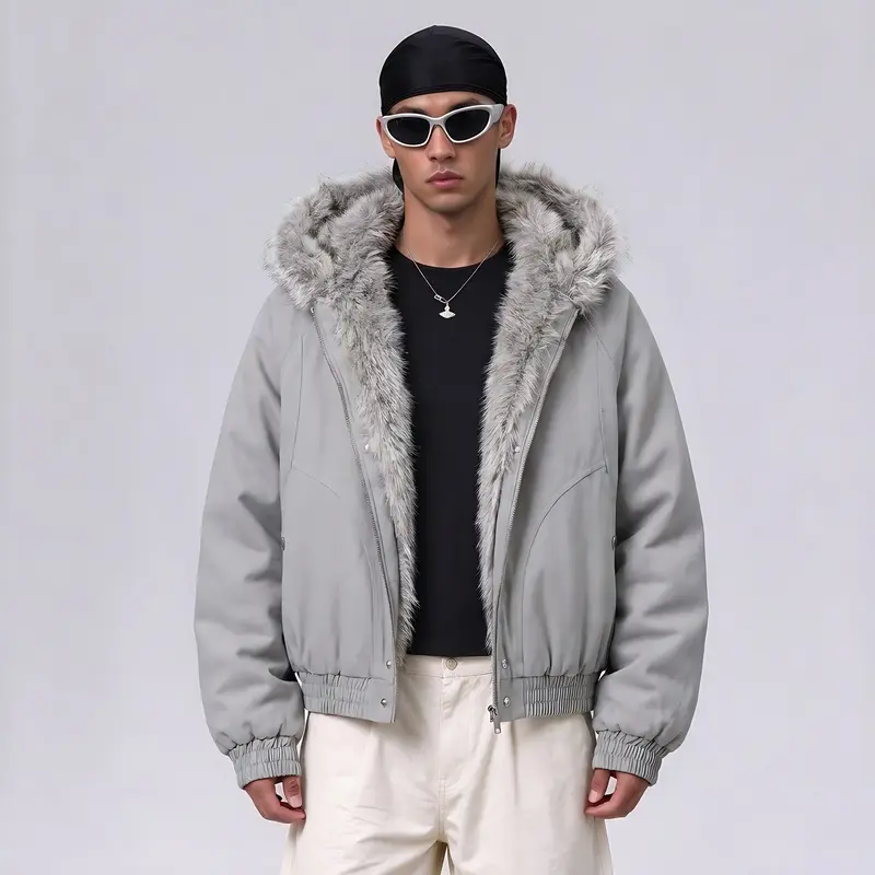 Men’s fashion hooded jacket with a fleece collar, cropped fit, zip closure, unisex design, suitable for street style everyday wear and winter outdoor skateboarding.