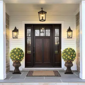 1PCS 20” Artificial Plant Topiary Ball, Pre-Lit Artificial Topiary Plant with 50 Lights, Timer and Remote Control, Artificial Outdoor Porch Trees with Sturdy Pot for Outdoor Indoor，Red Urn Base 2 pcs Decor Decorative