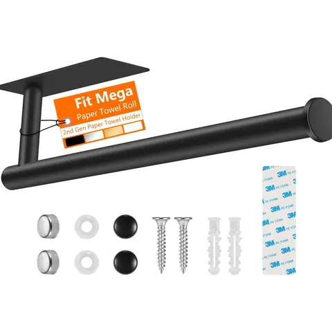 2nd Gen Paper Towel Holder Under Cabinet No Drilling Self Adhesive or Drilling Wall Mount for Kitchen RV Fit Mega Roll SUS304 Stainless Steel Durable Space Saving Design