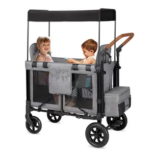 Double Baby Stroller Wagon, Can Contract All-Terrain 2 Seaters Baby Wagon With Canopy, Outdoor Leisure Parent Organizer, Adjustable Handle & Pull Bar For Infants And Toddlers