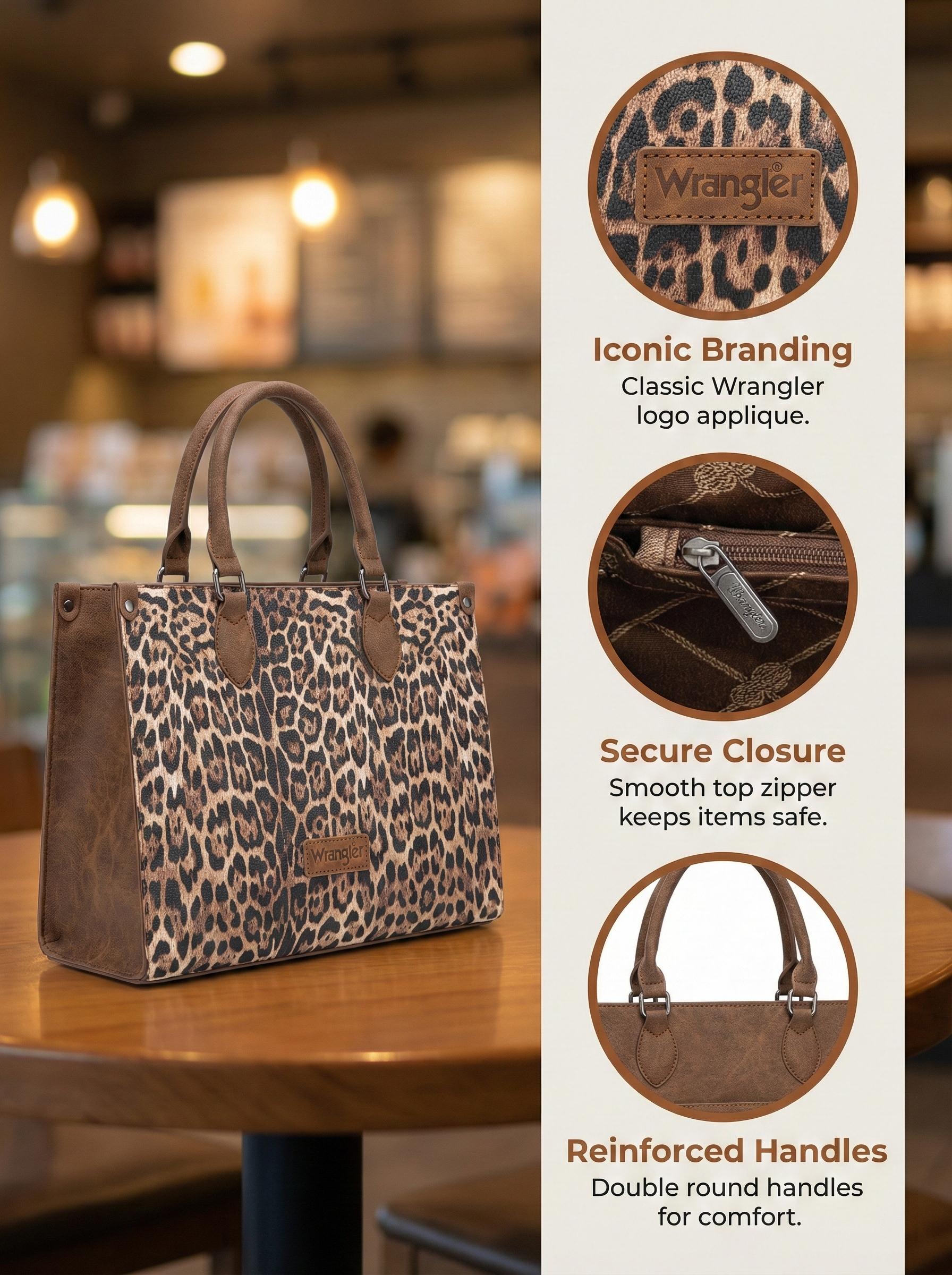 Wrangler Leopard Print Tote Bag for Women Western Large Work Satchel Handbag with Zippered Pocket & Detachable Strap