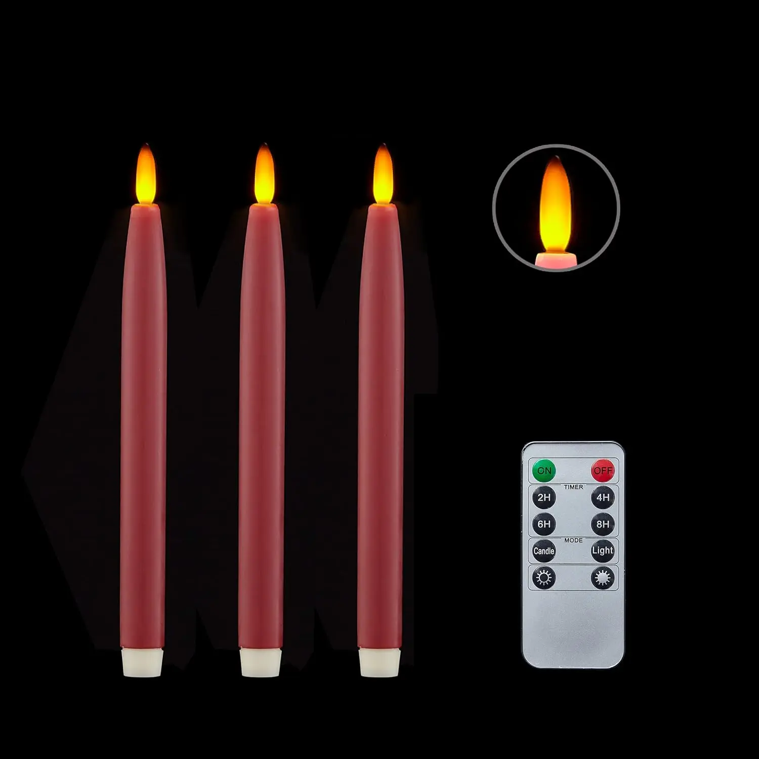 Flameless Taper Candles  Operated with Timer and Remote, LED Real Wax Tapered Dinner Candle, Window Candle Set of 3. Centerpieces for Dining, Table, Christmas, Wedding (Red)