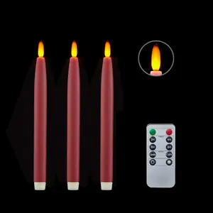 Flameless Taper Candles  Operated with Timer and Remote, LED Real Wax Tapered Dinner Candle, Window Candle Set of 3. Centerpieces for Dining, Table, Christmas, Wedding (Red)