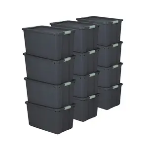 Sterilite 12 Pack 34 Gal Latch Tote, Stackable Plastic Storage Bin, Gray/Green