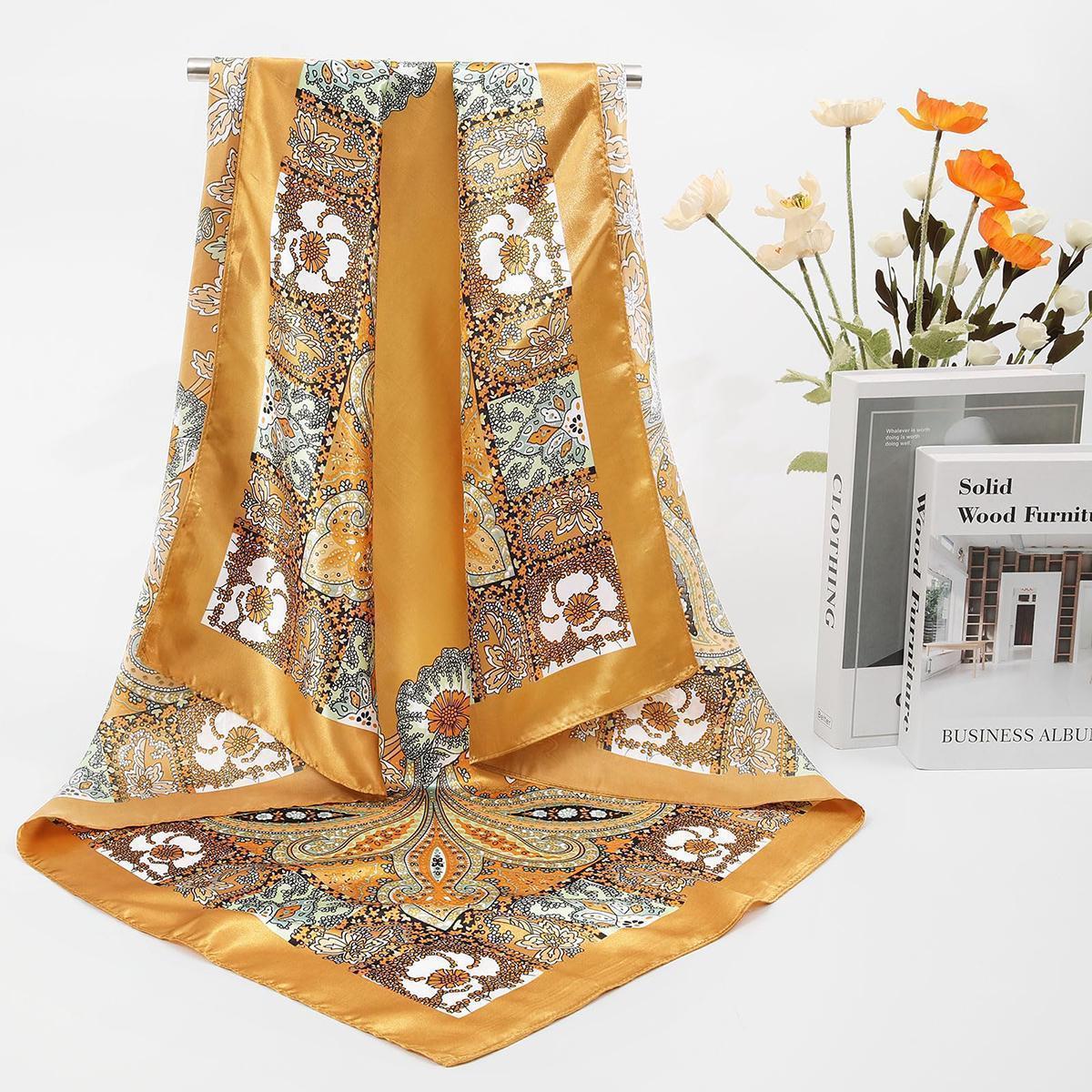 AWAYTR Women's 4-Pack Square Scarves Set - 35" Large Silk-Like Satin Floral Pattern Shawl, Matching Headscarf, Neck Scarf Bandana, Bandana Style Fashion Accessory