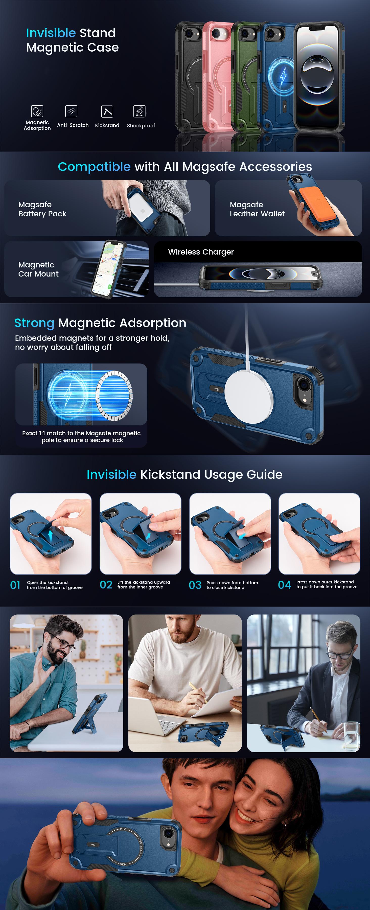 for iPhone 17E/16E Case with Privacy Tempered Glass Screen Protector , Compatible with MagSafe, Invisible Kickstand, Shockproof Phone Cover, Blue