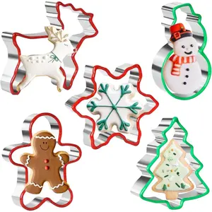 5pcs Stainless Steel Christmas Cookie Cutter Set with Soft PVC Edges - Gingerbread for Man, Snowman, Snowflake, Reindeer & Tree Shapes | Durable Metal Cutters for Precise Baking, Safe & Easy-Grip Design | Holiday Baking Essentials for, Cakes