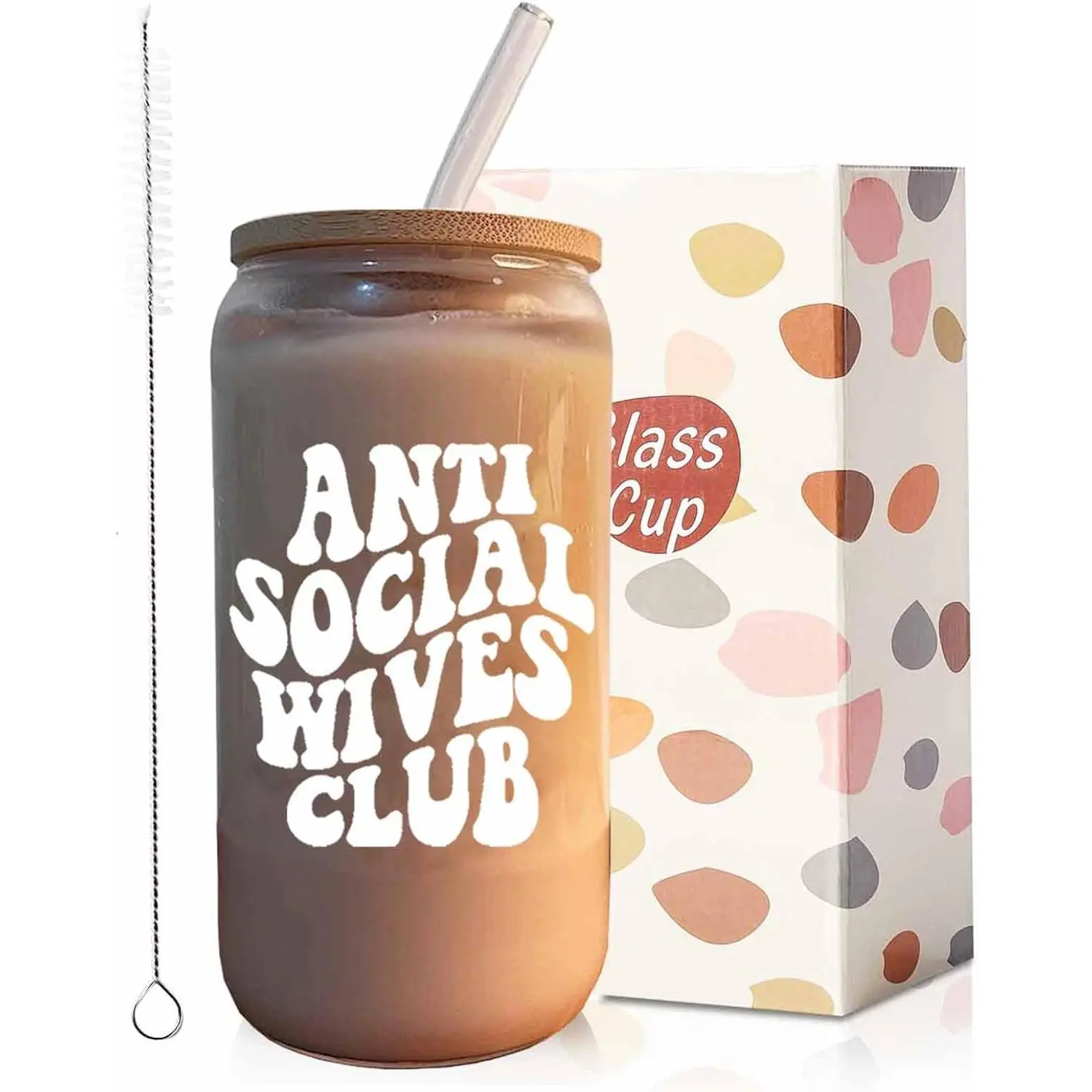 Anti Social Wives Club Glass Cup - 16 oz Can Shaped with Lids and Straws,  for Bride, Newlywed, Wedding, Bridal Shower, Mother's Day
