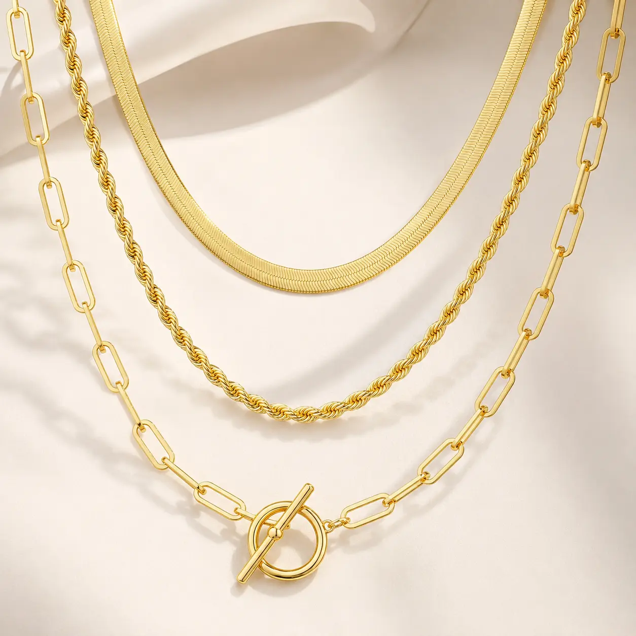 3 Layer T-Bar OT Toggle Necklaces, Gold Tone Herringbone Snake Rope Paperclip Chain Choker, Dainty Layered Jewelry for Party, Anniversary & Gifting