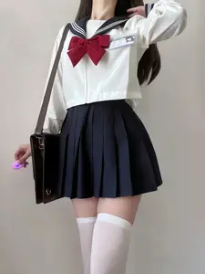 Kawaii School Jk Long Sleeve Uniform Set, Top + Short Skirt + Bow Tie, Preppy Style, Anti-Wrinkle Fabric, Perfect for Cosplay & Parties