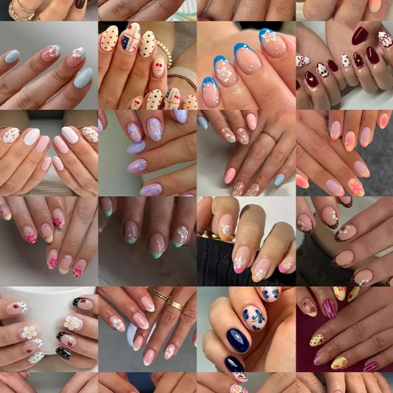 576pcs Medium-Length Oval Fake Nails, Decorative Nails, High Transparency, Floral, Polka Dot, French Tip, Floral Print, Grid Patterns, Easy Wear, Spring Style, Nail Design, Nail Tips, French Nail Art