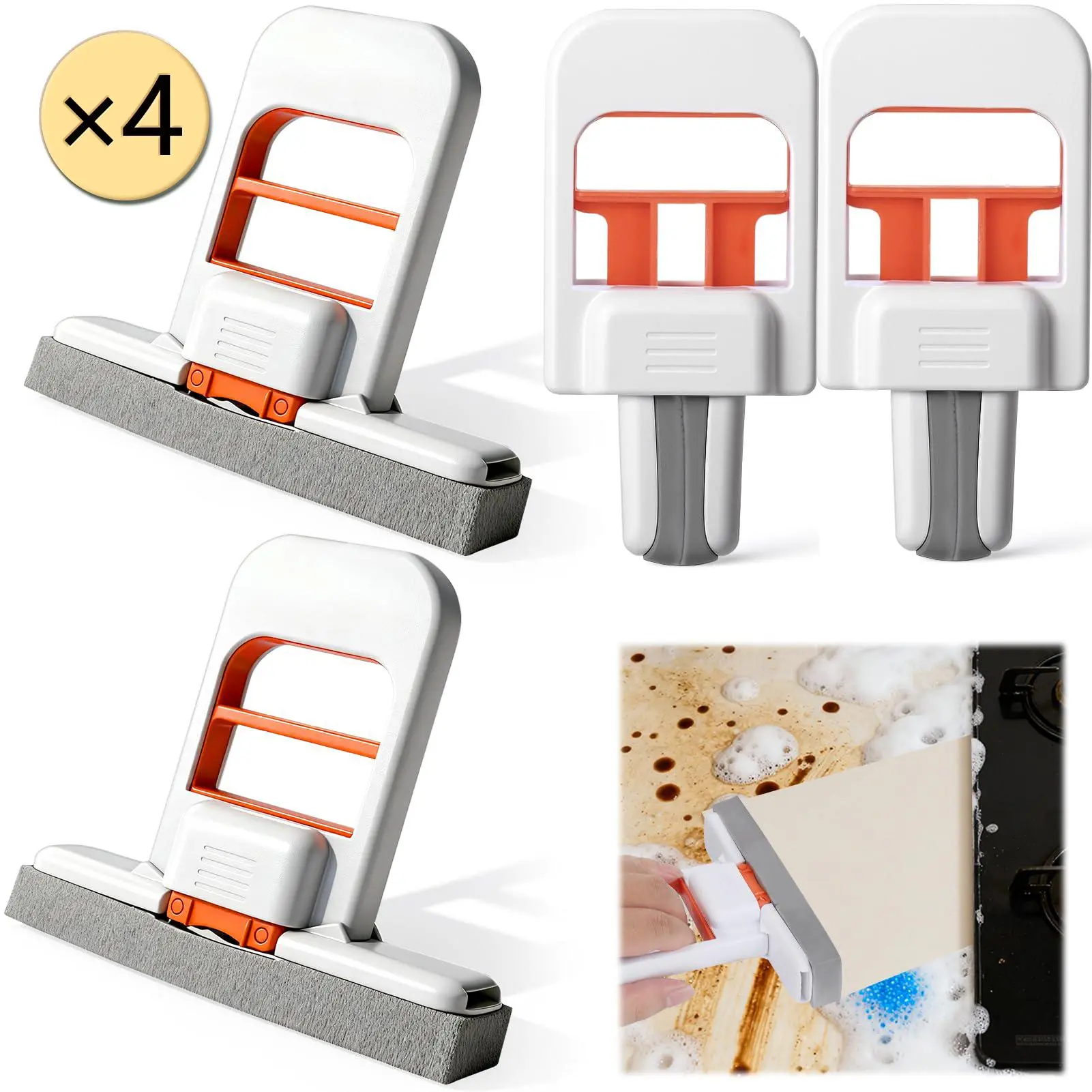 4Pcs Handheld Space-Saving & Foldable Desktop Mop - Multifunctional Easy Squeeze Sponge Cleaning Tool with Wet/Dry System, Deep Grooves for Kitchen Counter, Bathroom