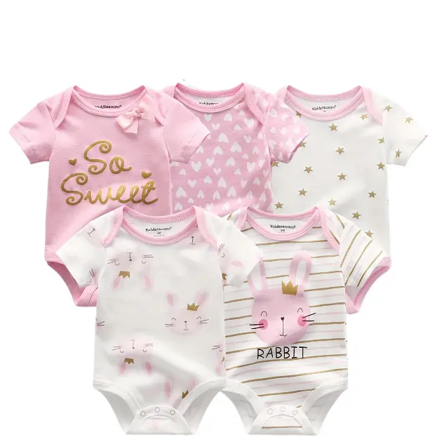 Baby Girls Clothing 5Pack Value Set, Cartoon Cute Short-Sleeve Bodysuits with Fast Dress Snaps, Soft Newborn Outfits for 0-12 Months Infants, Pink with Bow Tie for Outdoor Use, Onesie
